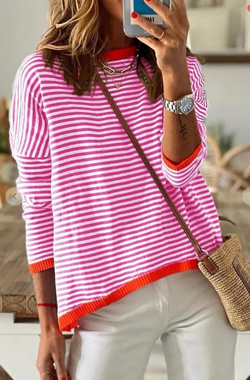 DOKOTOO Women's Striped Knit Sweater Long Sleeve Casual Pink Red Trim Large NWT